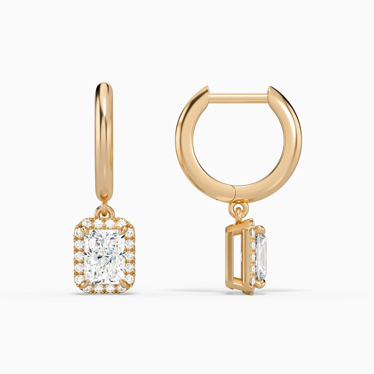 Radiant Halo Drop Huggie Hoop Earrings in 14K Rose Gold