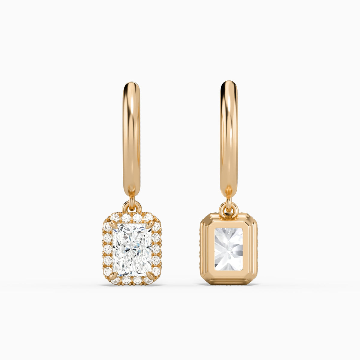 Radiant Halo Drop Huggie Hoop Earrings in 14K Rose Gold