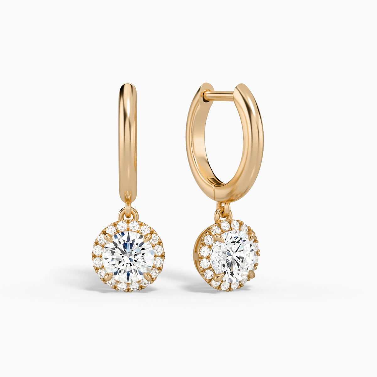 Round Halo Drop Huggie Hoop Earrings in 14K Rose Gold