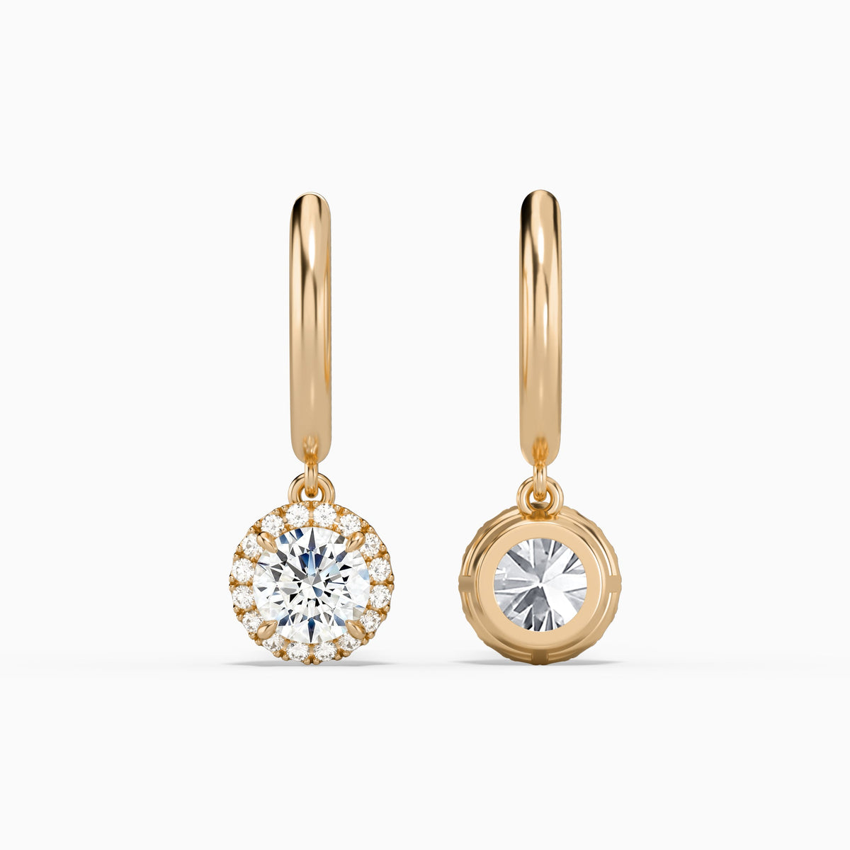 Round Halo Drop Huggie Hoop Earrings in 14K Rose Gold