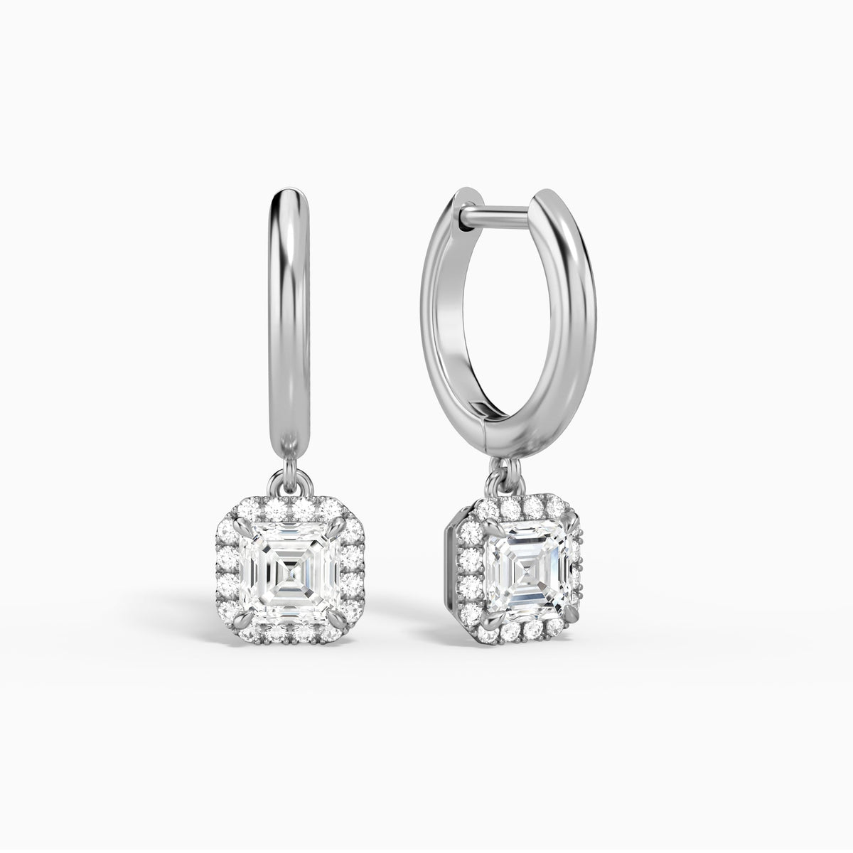 Asscher Halo Drop Huggie Hoop Earrings in 14K White Gold