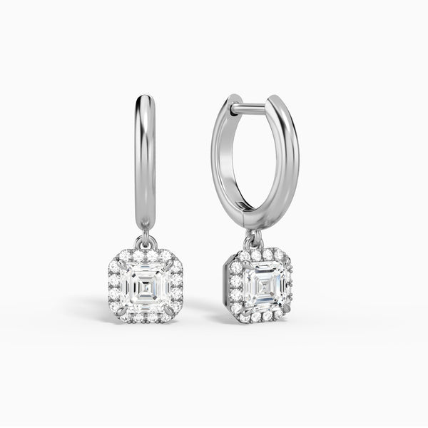Asscher Halo Drop Huggie Hoop Earrings in 14K White Gold