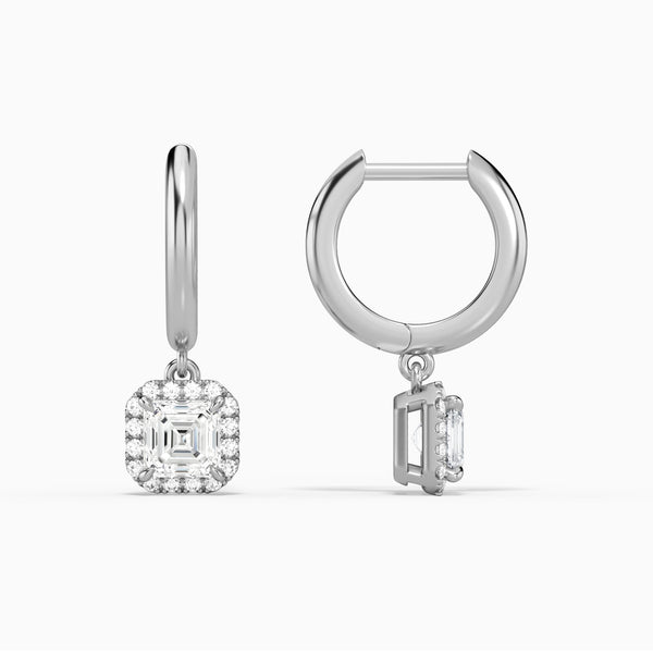 Asscher Halo Drop Huggie Hoop Earrings in 14K White Gold