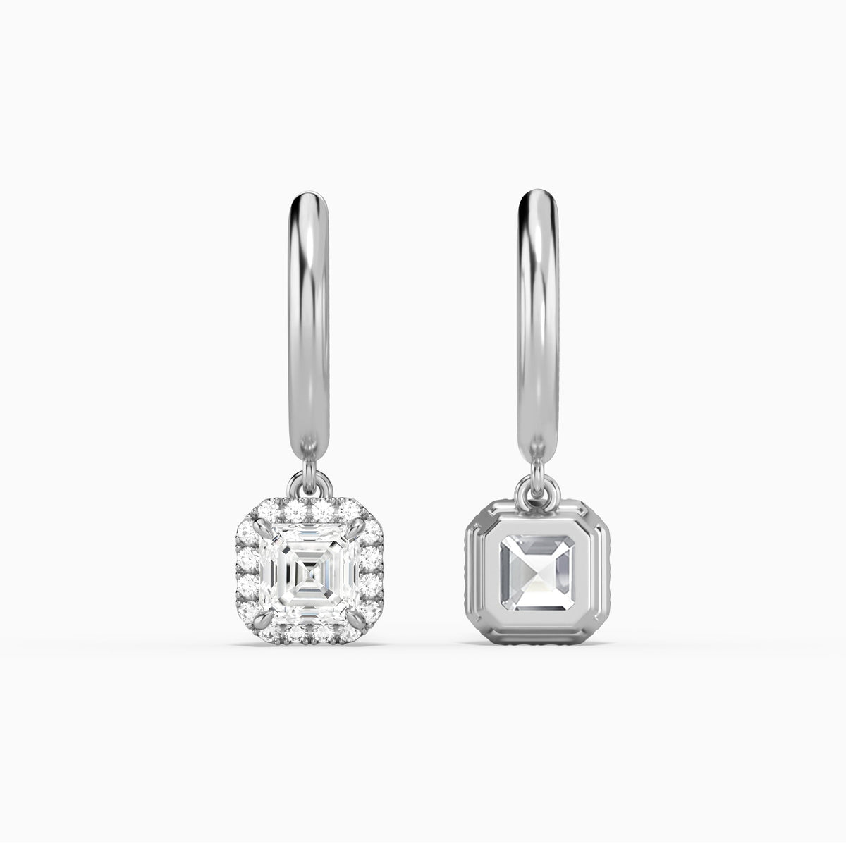 Asscher Halo Drop Huggie Hoop Earrings in 14K White Gold
