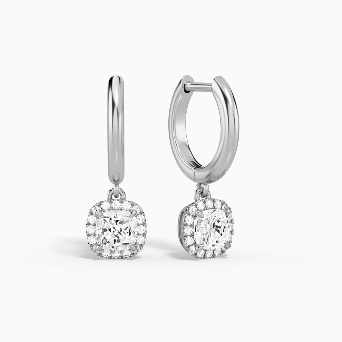 Cushion Halo Drop Huggie Hoop Earrings in 14K White Gold