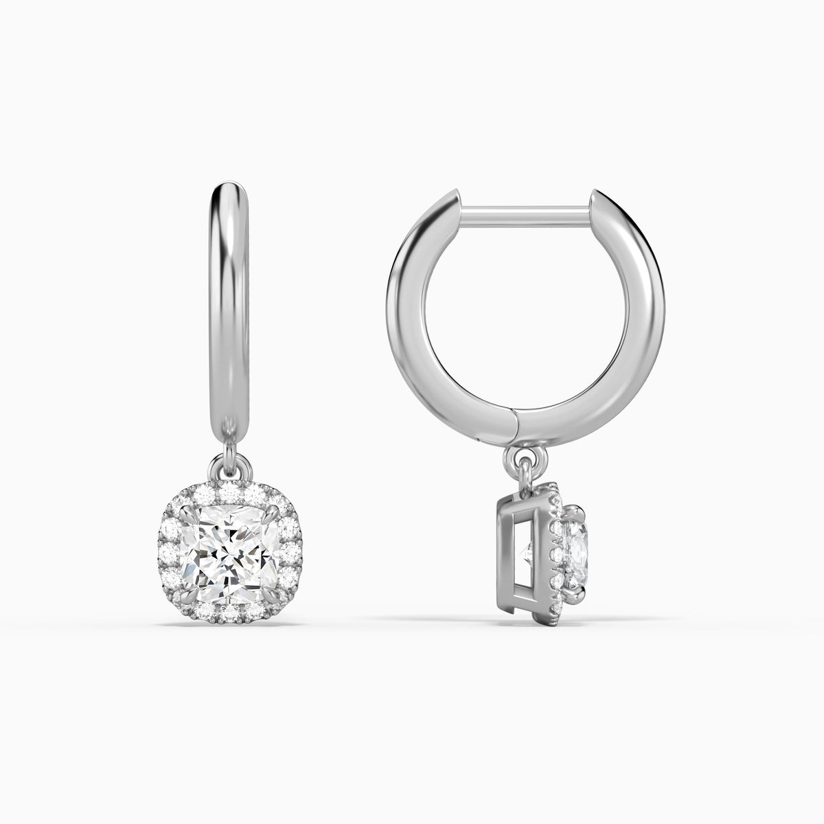 Cushion Halo Drop Huggie Hoop Earrings in 14K White Gold