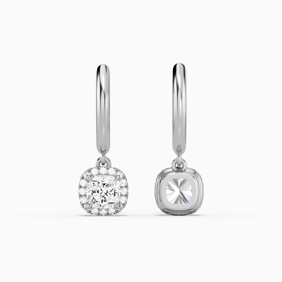 Cushion Halo Drop Huggie Hoop Earrings in 14K White Gold