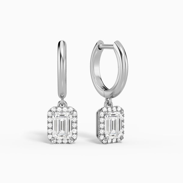 Emerald Halo Drop Huggie Hoop Earrings in 14K White Gold