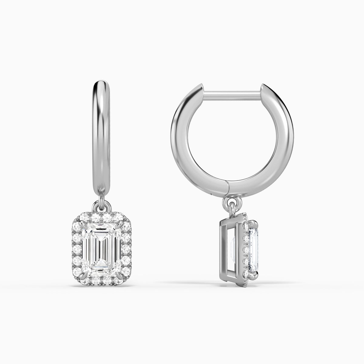 Emerald Halo Drop Huggie Hoop Earrings in 18K White Gold