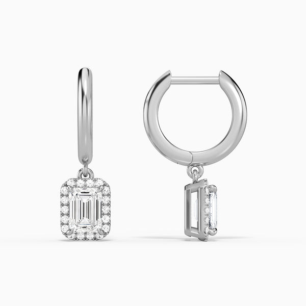Emerald Halo Drop Huggie Hoop Earrings in 14K White Gold