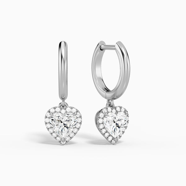Heart Halo Drop Huggie Hoop Earrings in 14K White Gold