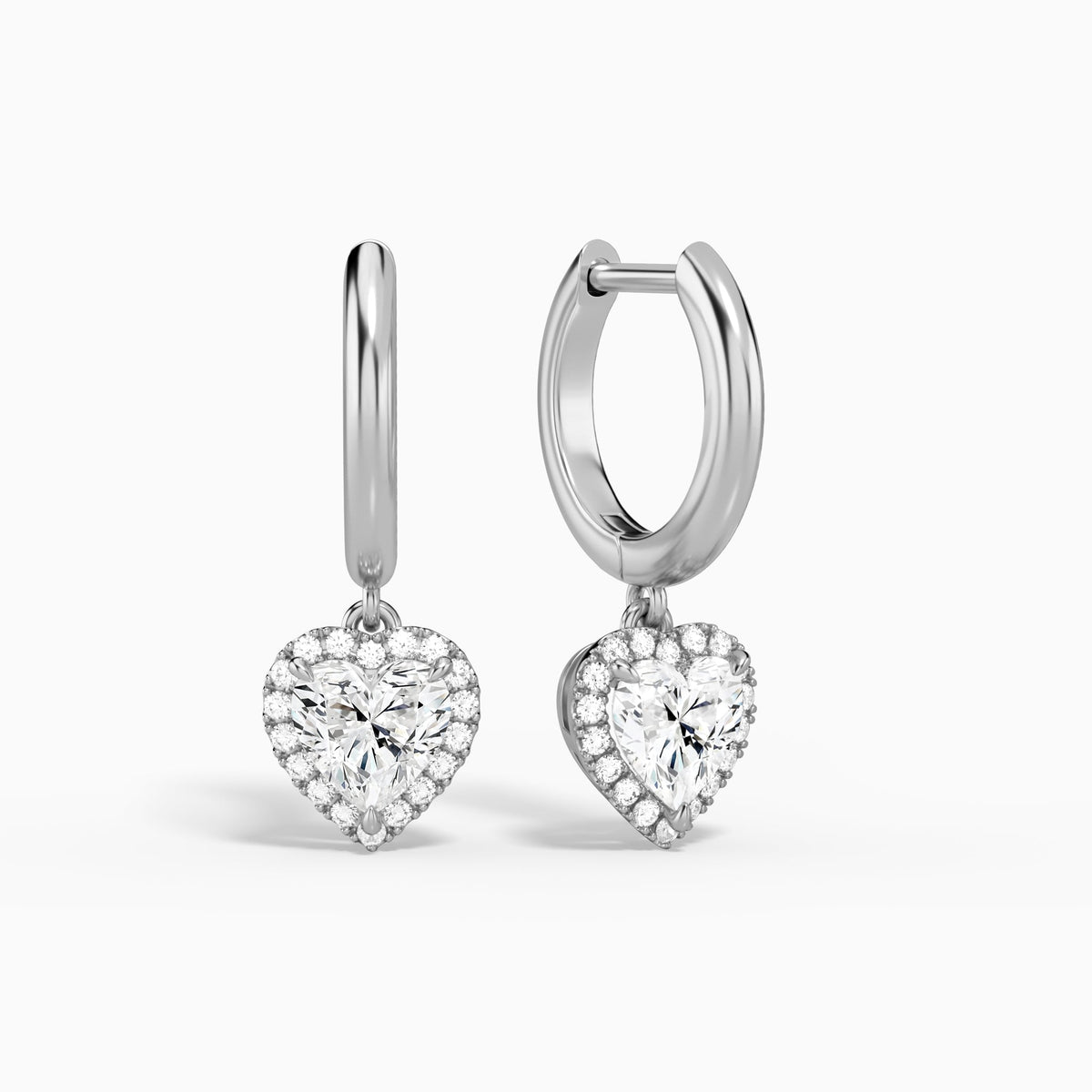 Heart Halo Drop Huggie Hoop Earrings in 18K White Gold