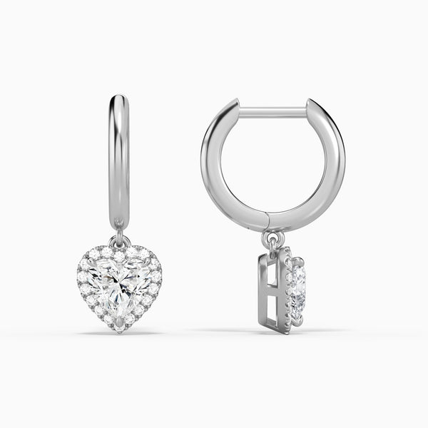 Heart Halo Drop Huggie Hoop Earrings in 14K White Gold