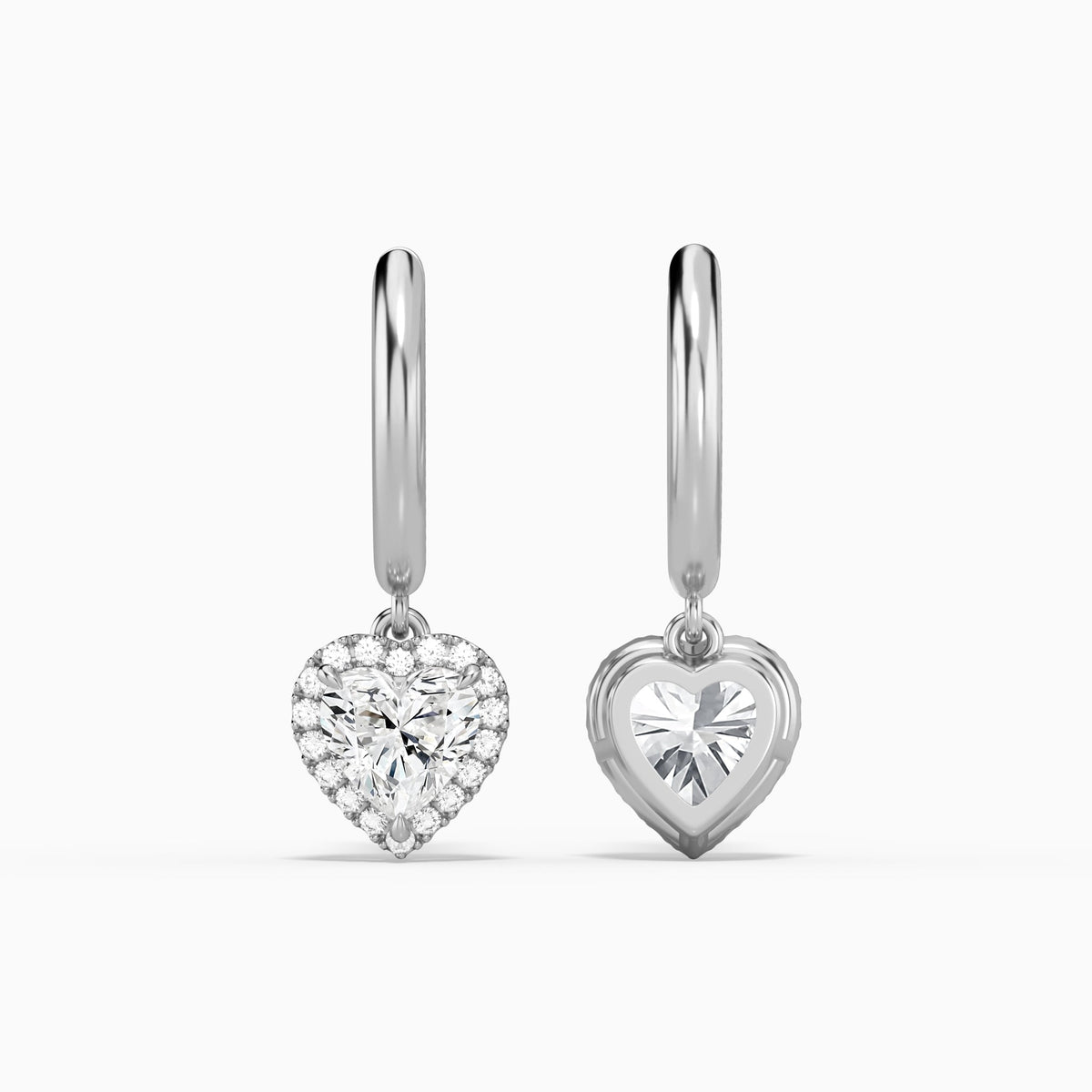 Heart Halo Drop Huggie Hoop Earrings in 14K White Gold
