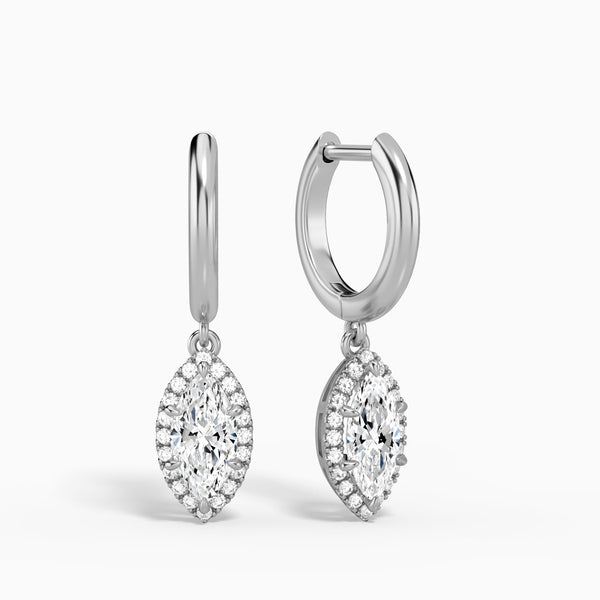 Marquise Halo Drop Huggie Hoop Earrings in 14K White Gold
