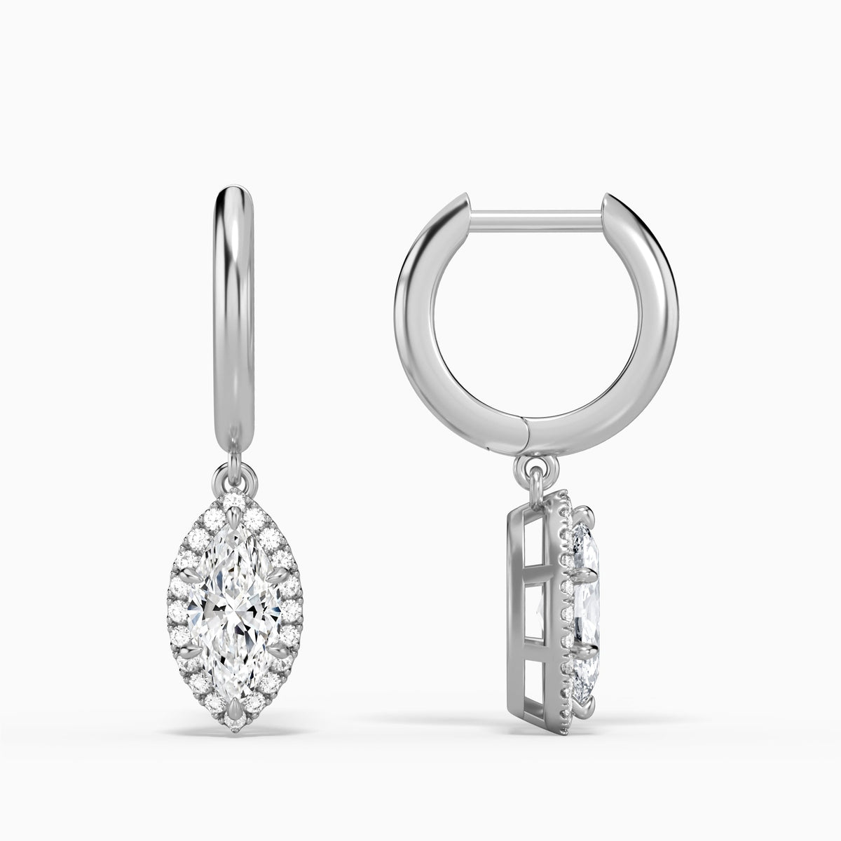 Marquise Halo Drop Huggie Hoop Earrings in 14K White Gold