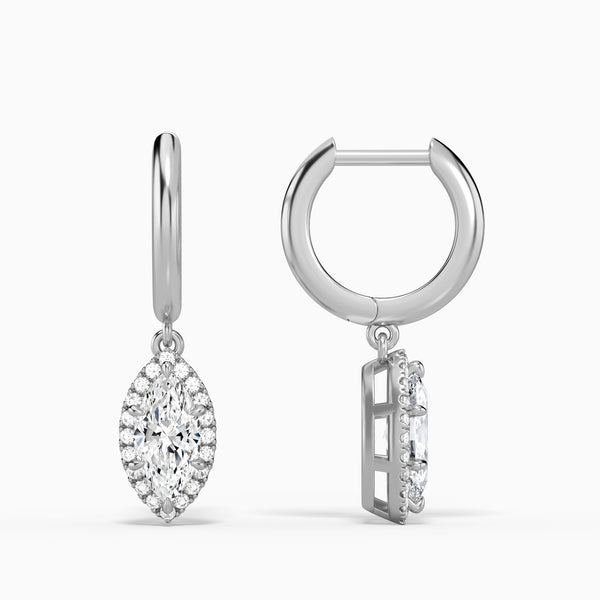 Marquise Halo Drop Huggie Hoop Earrings in 14K White Gold
