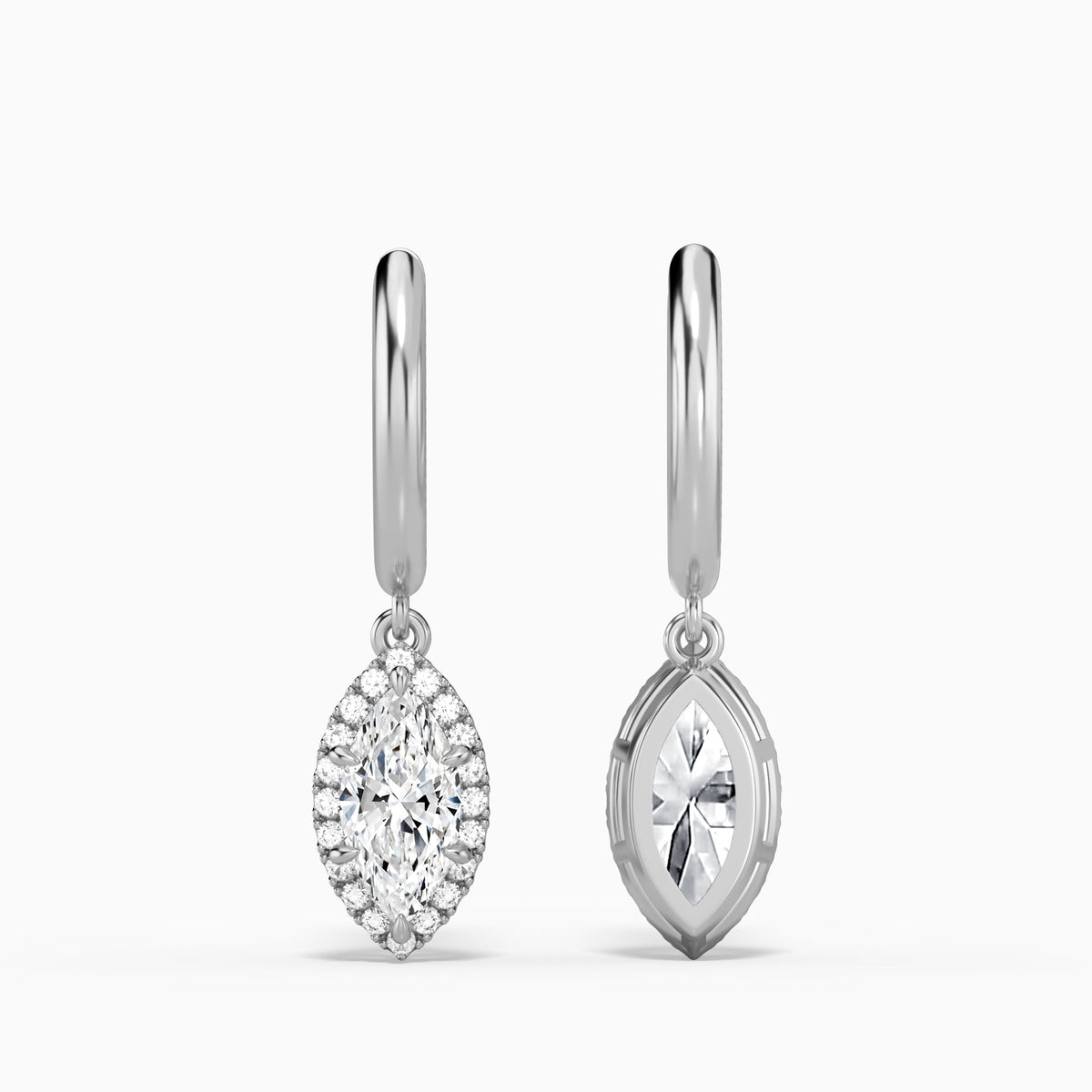 Marquise Halo Drop Huggie Hoop Earrings in 14K White Gold