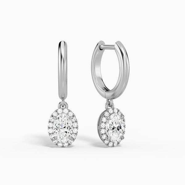 Oval Halo Drop Huggie Hoop Earrings in 14K White Gold