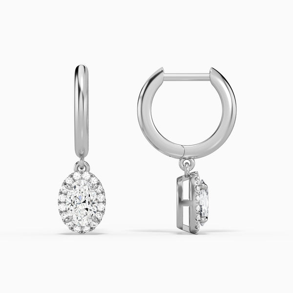 Oval Halo Drop Huggie Hoop Earrings in 14K White Gold