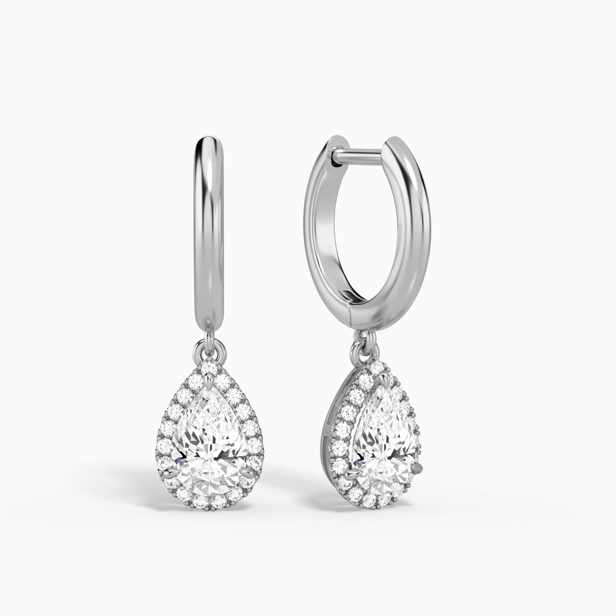Pear Halo Drop Huggie Hoop Earrings in 14K White Gold