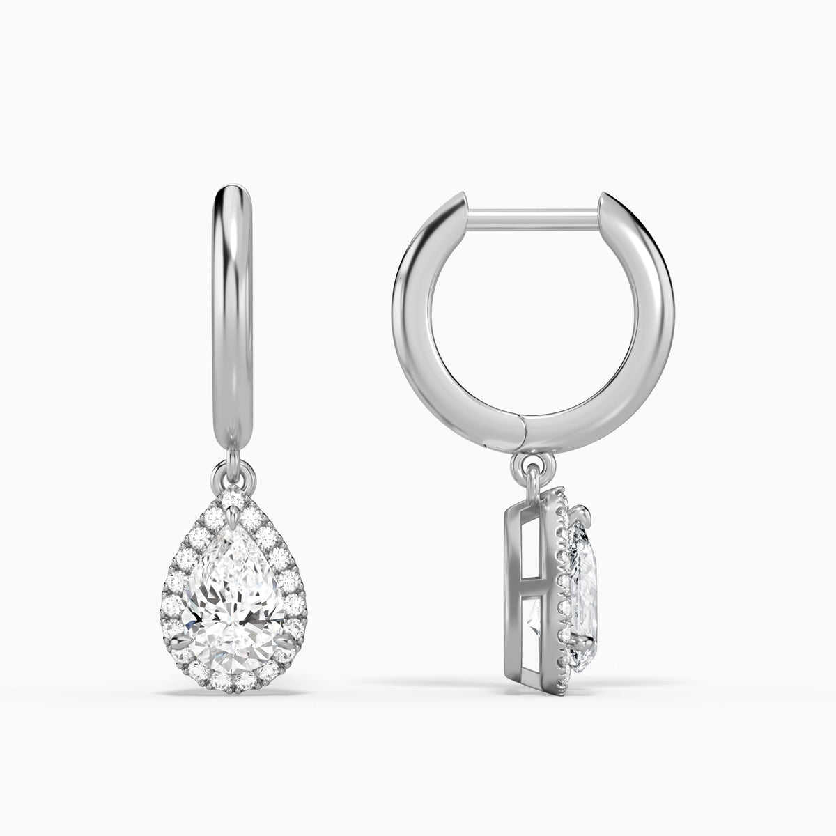 Pear Halo Drop Huggie Hoop Earrings in 14K White Gold