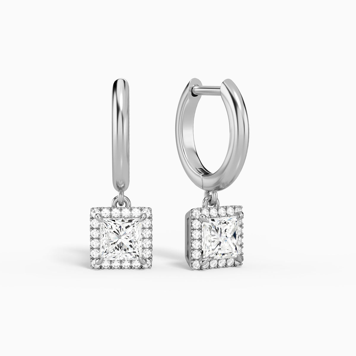 Princess Halo Drop Huggie Hoop Earrings in 18K White Gold