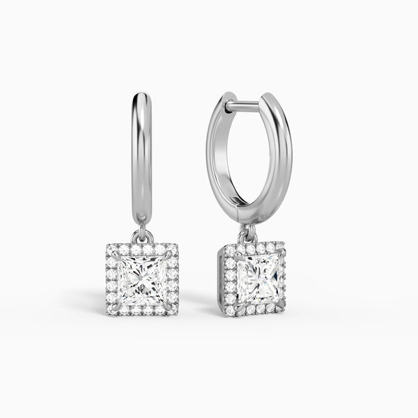 Princess Halo Drop Huggie Hoop Earrings in 14K White Gold