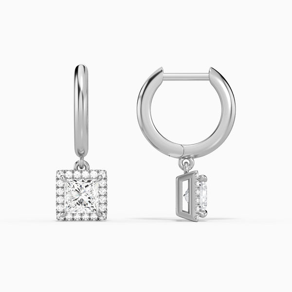 Princess Halo Drop Huggie Hoop Earrings in 14K White Gold