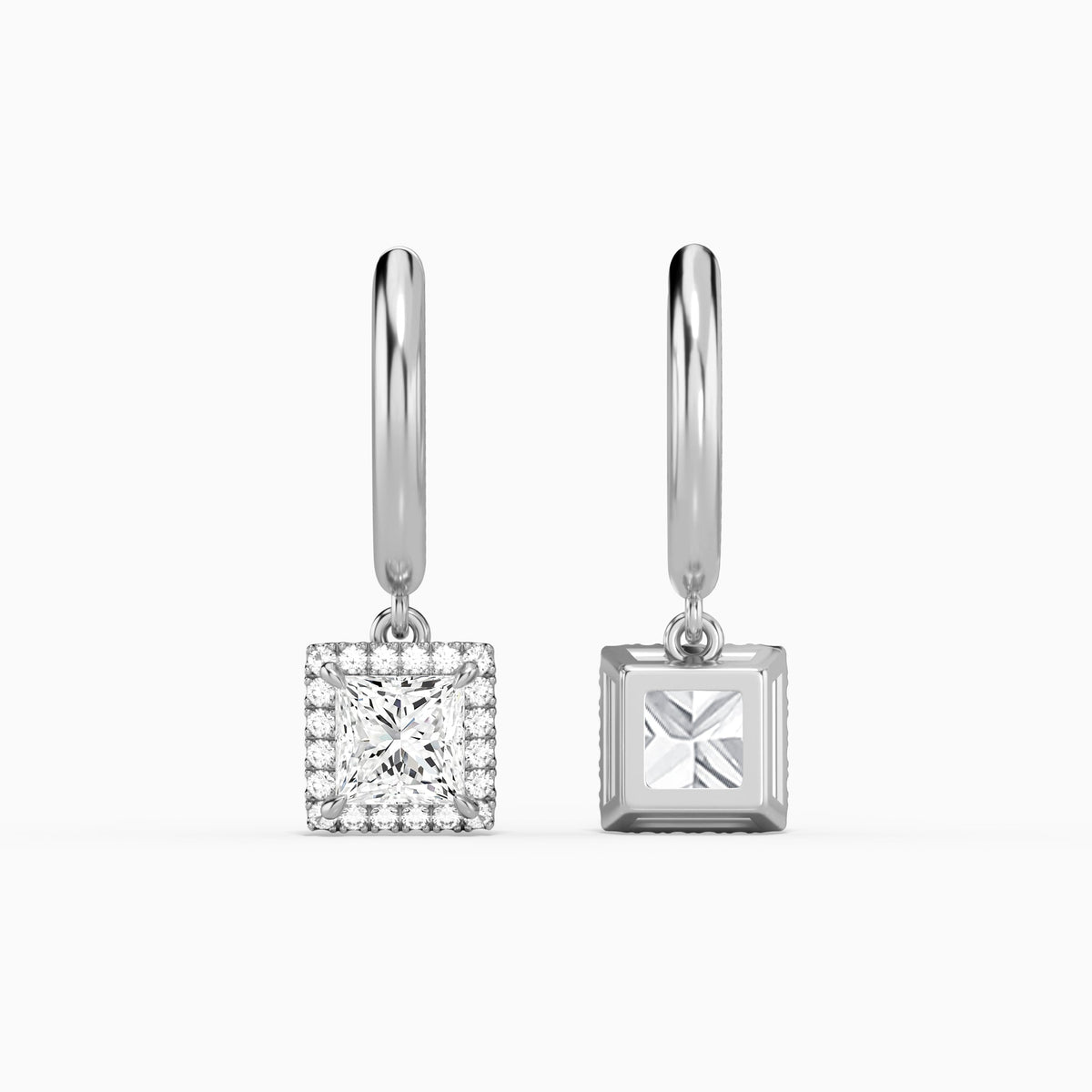Princess Halo Drop Huggie Hoop Earrings in 18K White Gold