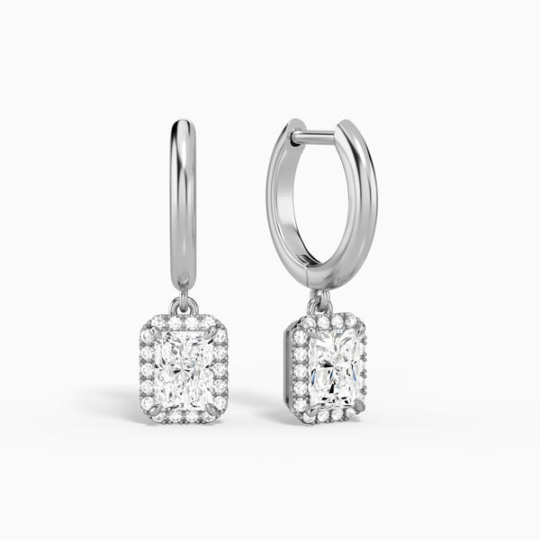 Radiant Halo Drop Huggie Hoop Earrings in 14K White Gold