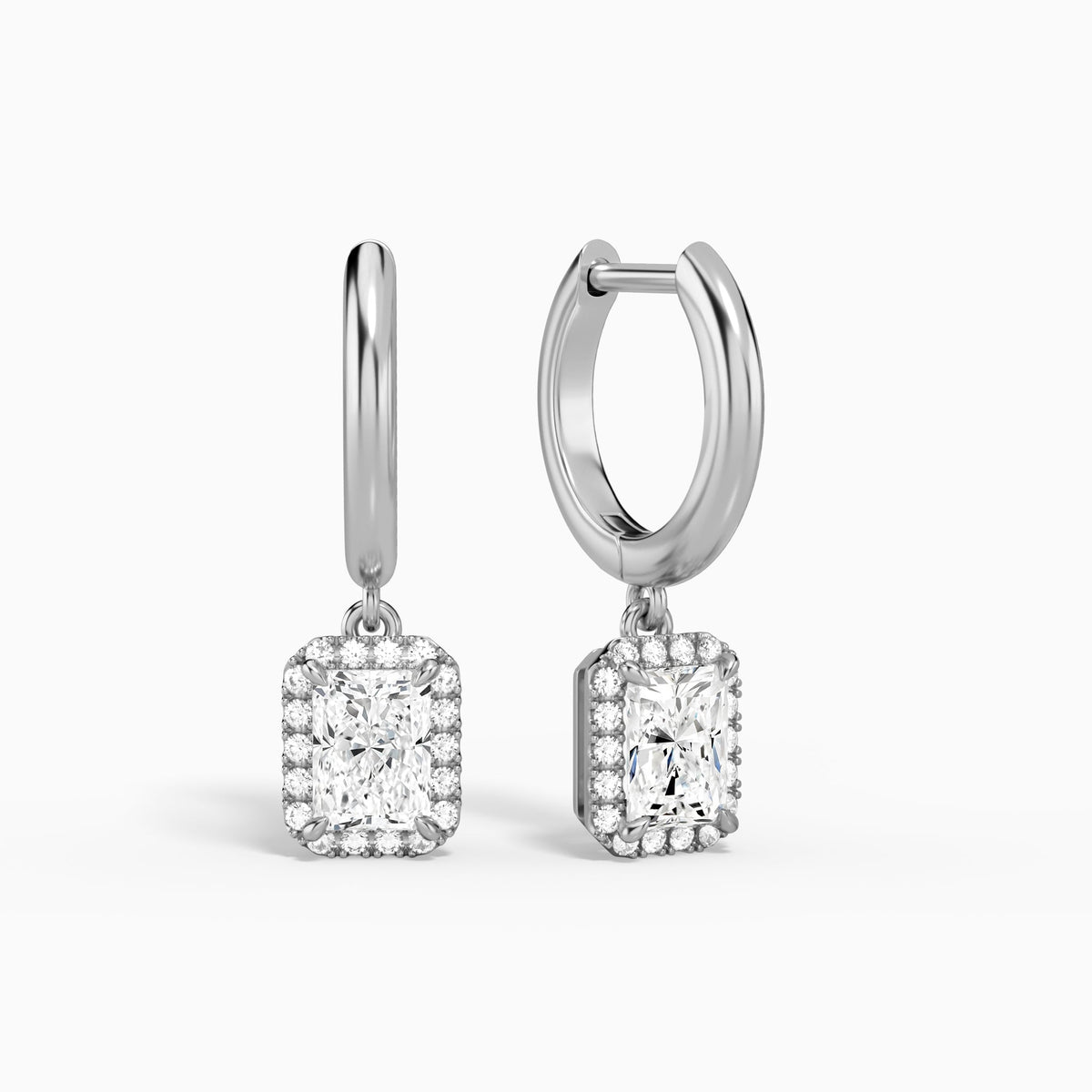 Radiant Halo Drop Huggie Hoop Earrings in 18K White Gold