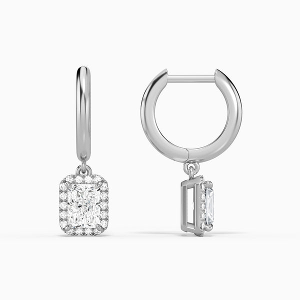 Radiant Halo Drop Huggie Hoop Earrings in 14K White Gold