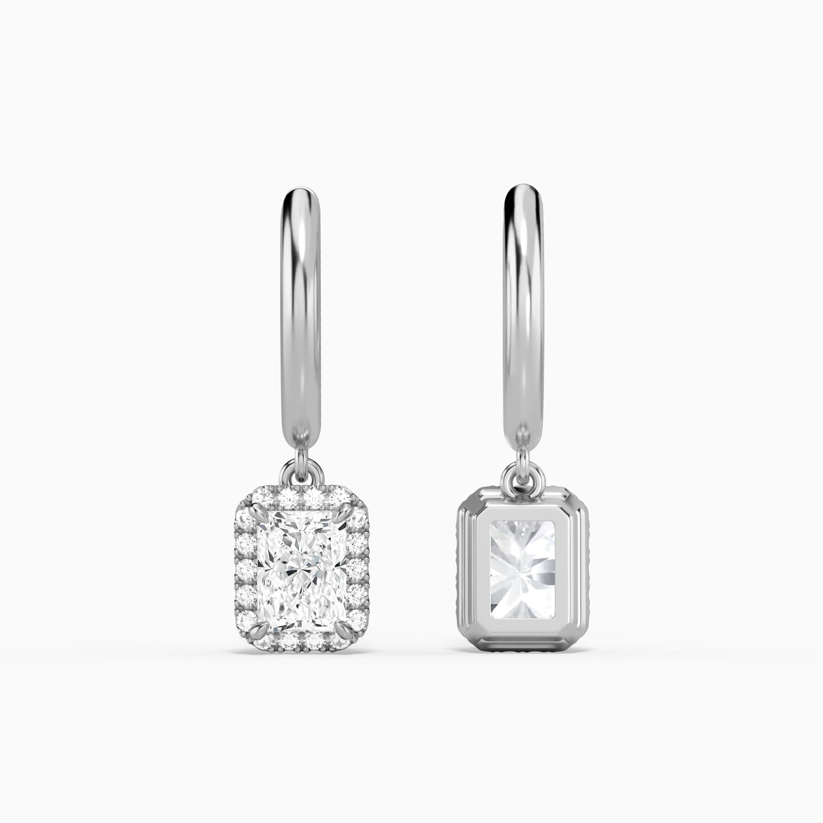 Radiant Halo Drop Huggie Hoop Earrings in 14K White Gold