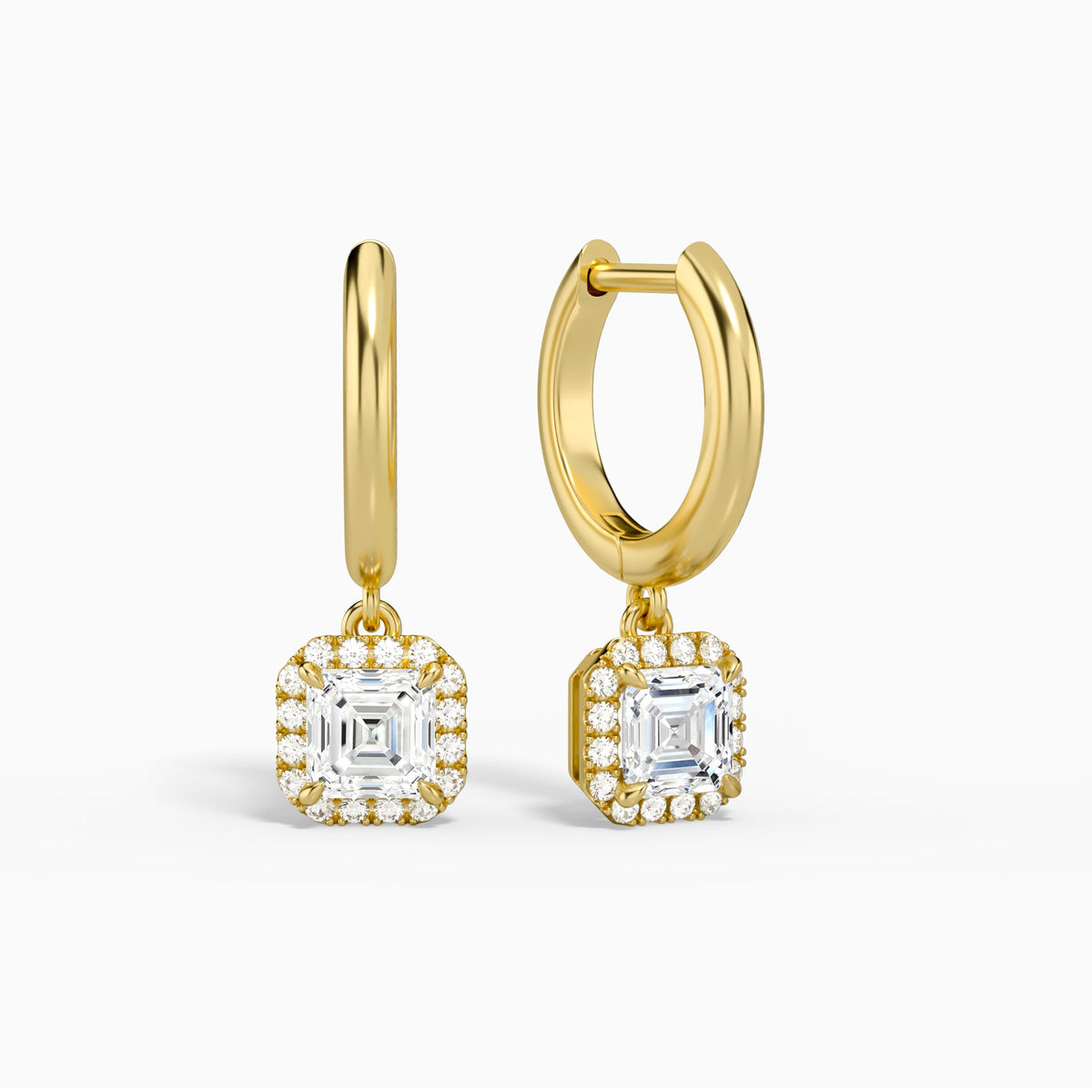 Asscher Halo Drop Huggie Hoop Earrings in 18K Yellow Gold