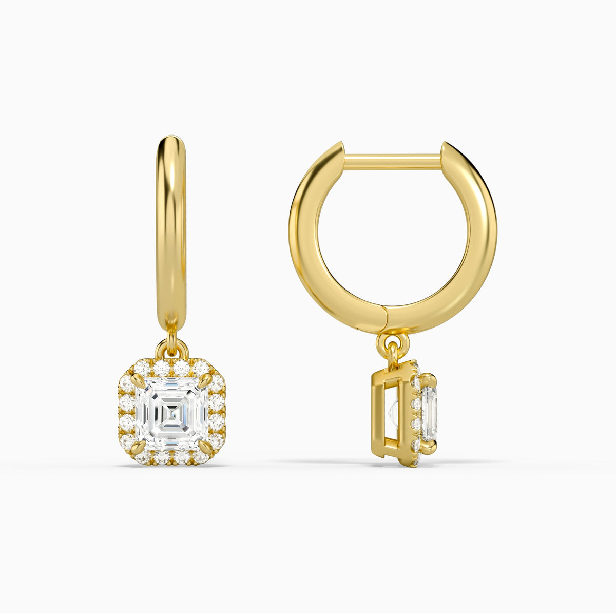 Asscher Halo Drop Huggie Hoop Earrings in 18K Yellow Gold