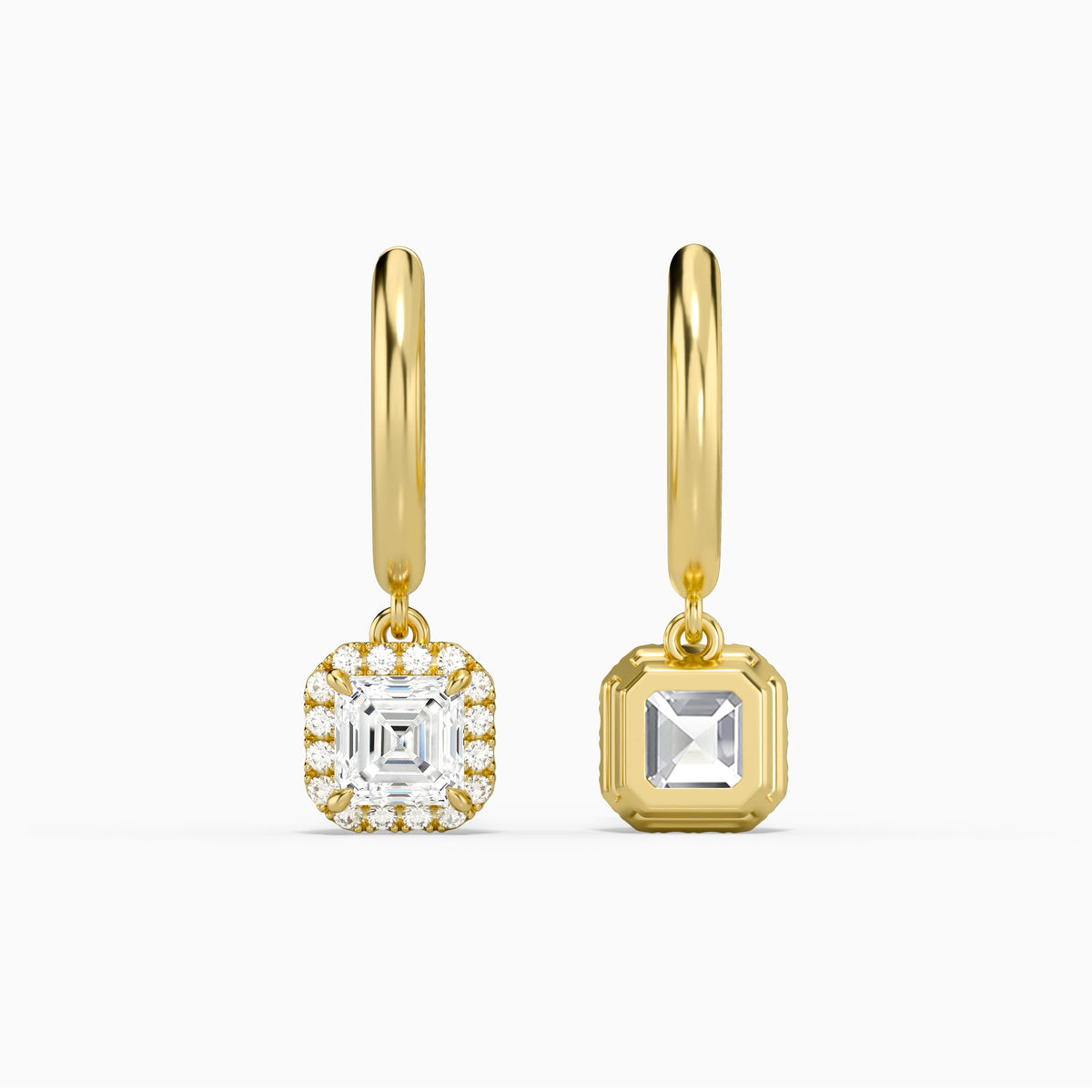 Asscher Halo Drop Huggie Hoop Earrings in 18K Yellow Gold