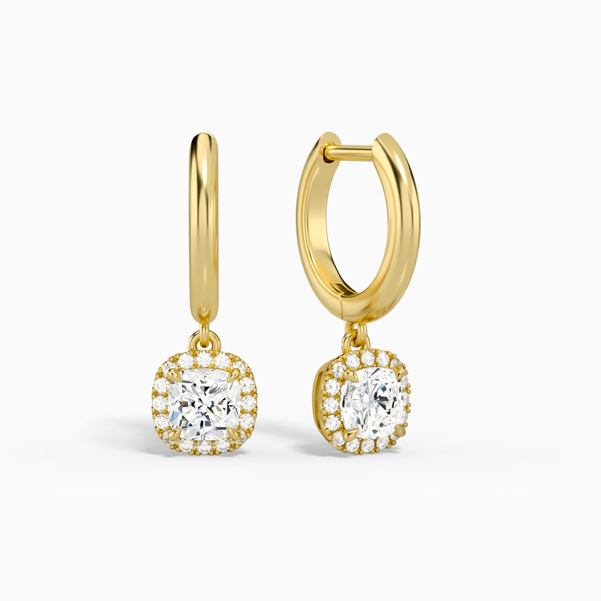 Cushion Halo Drop Huggie Hoop Earrings in 14K Yellow Gold