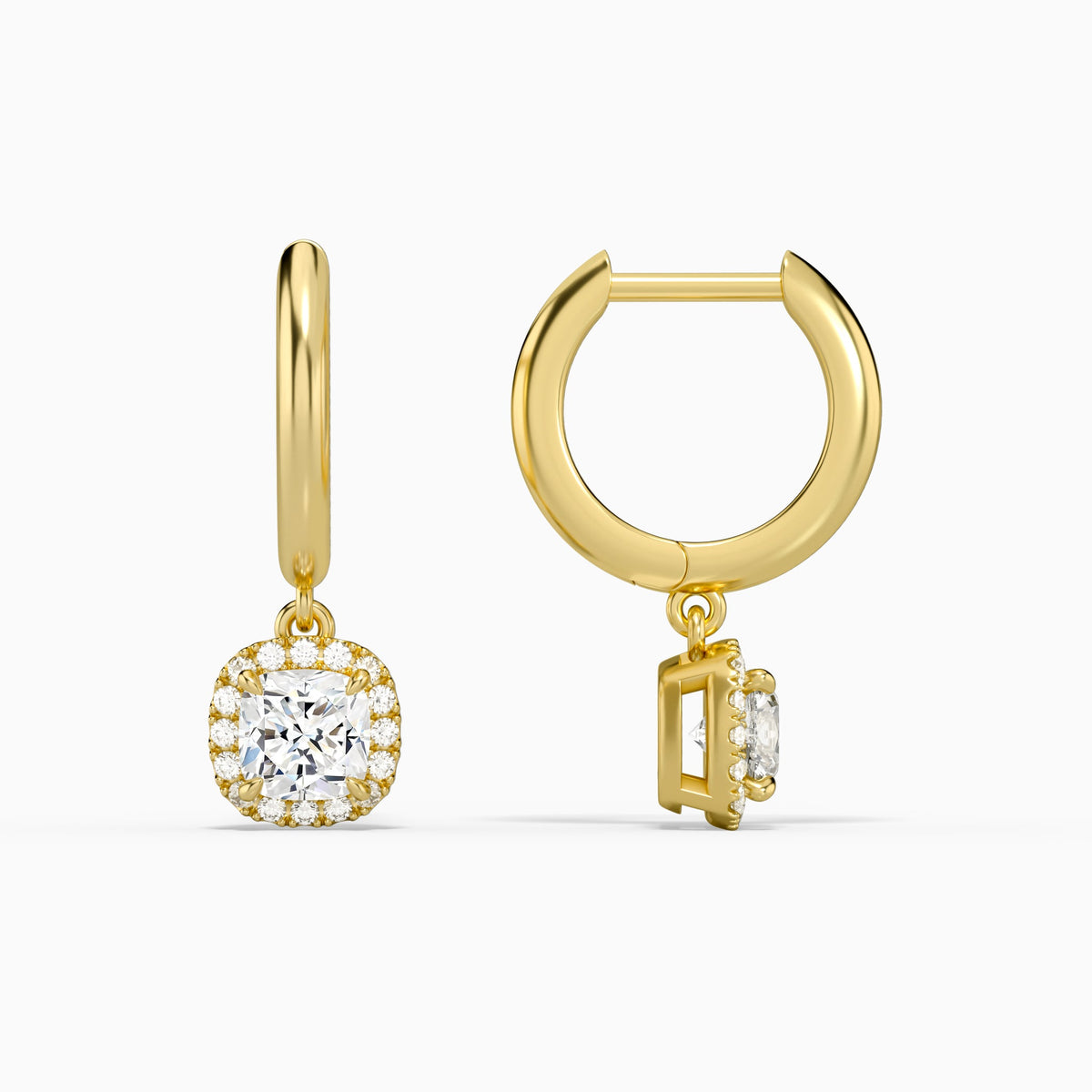 Cushion Halo Drop Huggie Hoop Earrings in 14K Yellow Gold