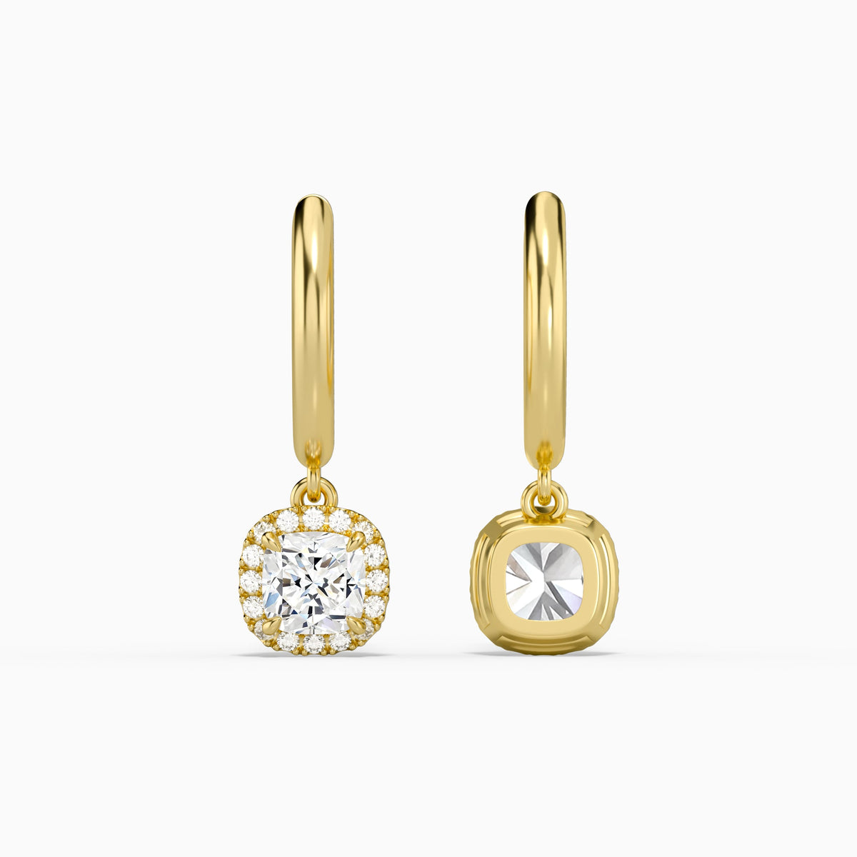 Cushion Halo Drop Huggie Hoop Earrings in 14K Yellow Gold