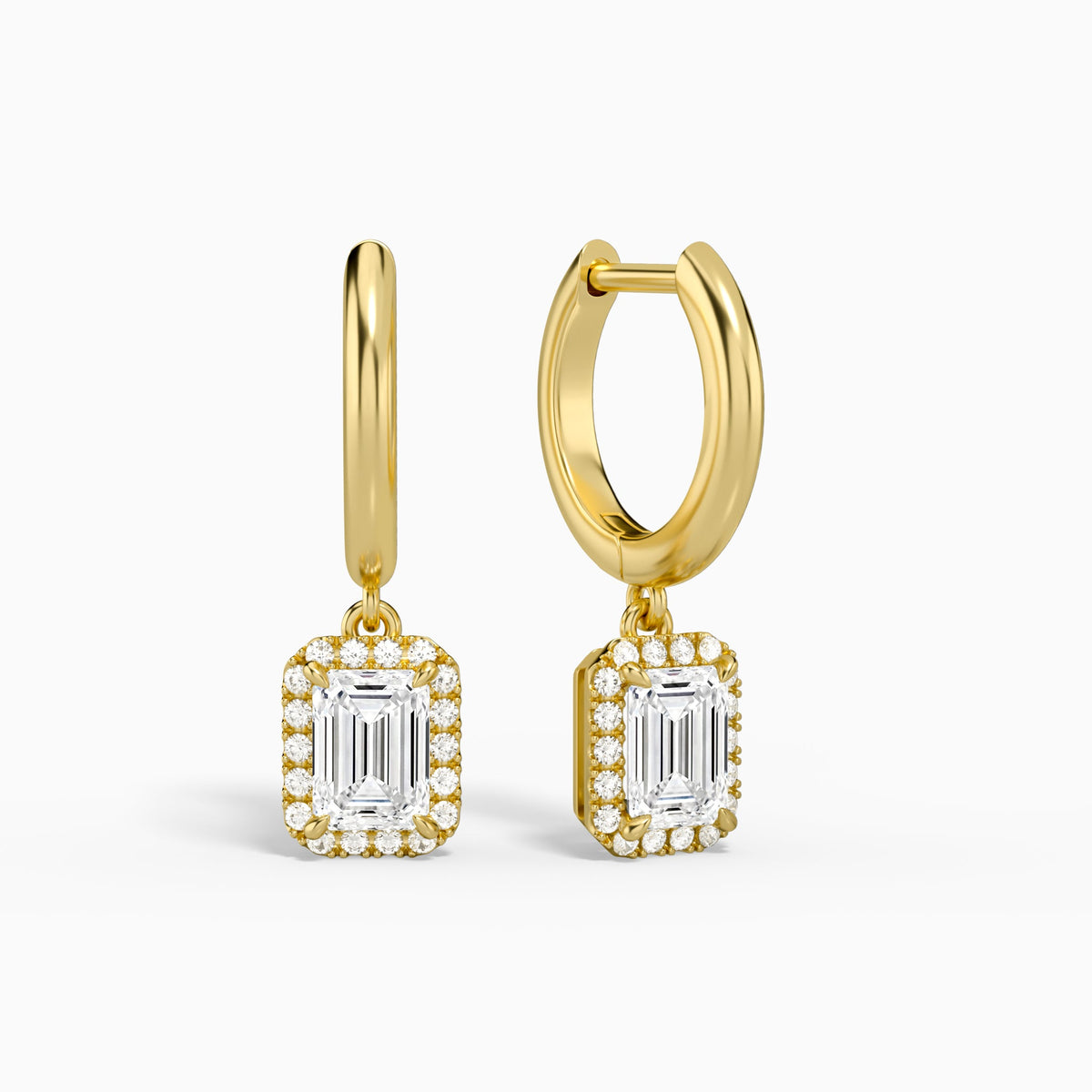 Emerald Halo Drop Huggie Hoop Earrings in 14K Yellow Gold