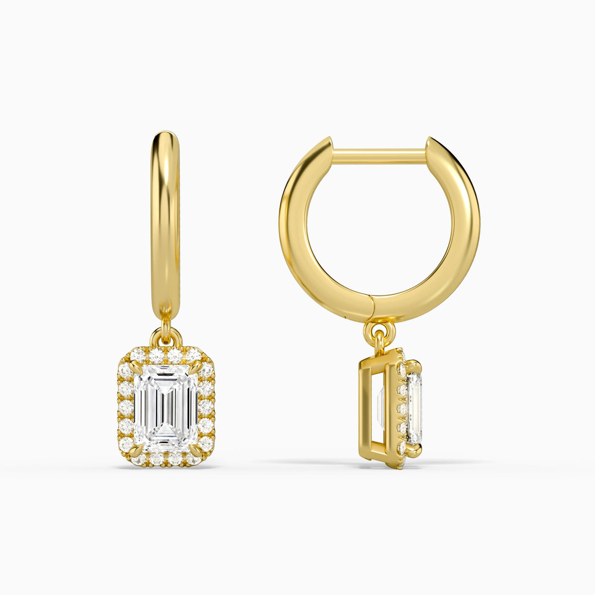 Emerald Halo Drop Huggie Hoop Earrings in 14K Yellow Gold