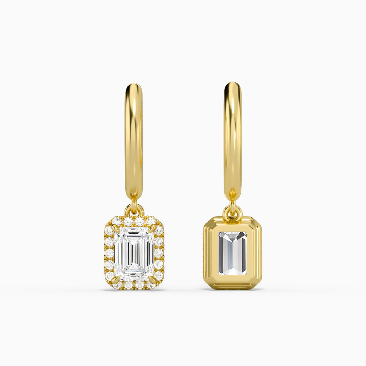 Emerald Halo Drop Huggie Hoop Earrings in 18K Yellow Gold