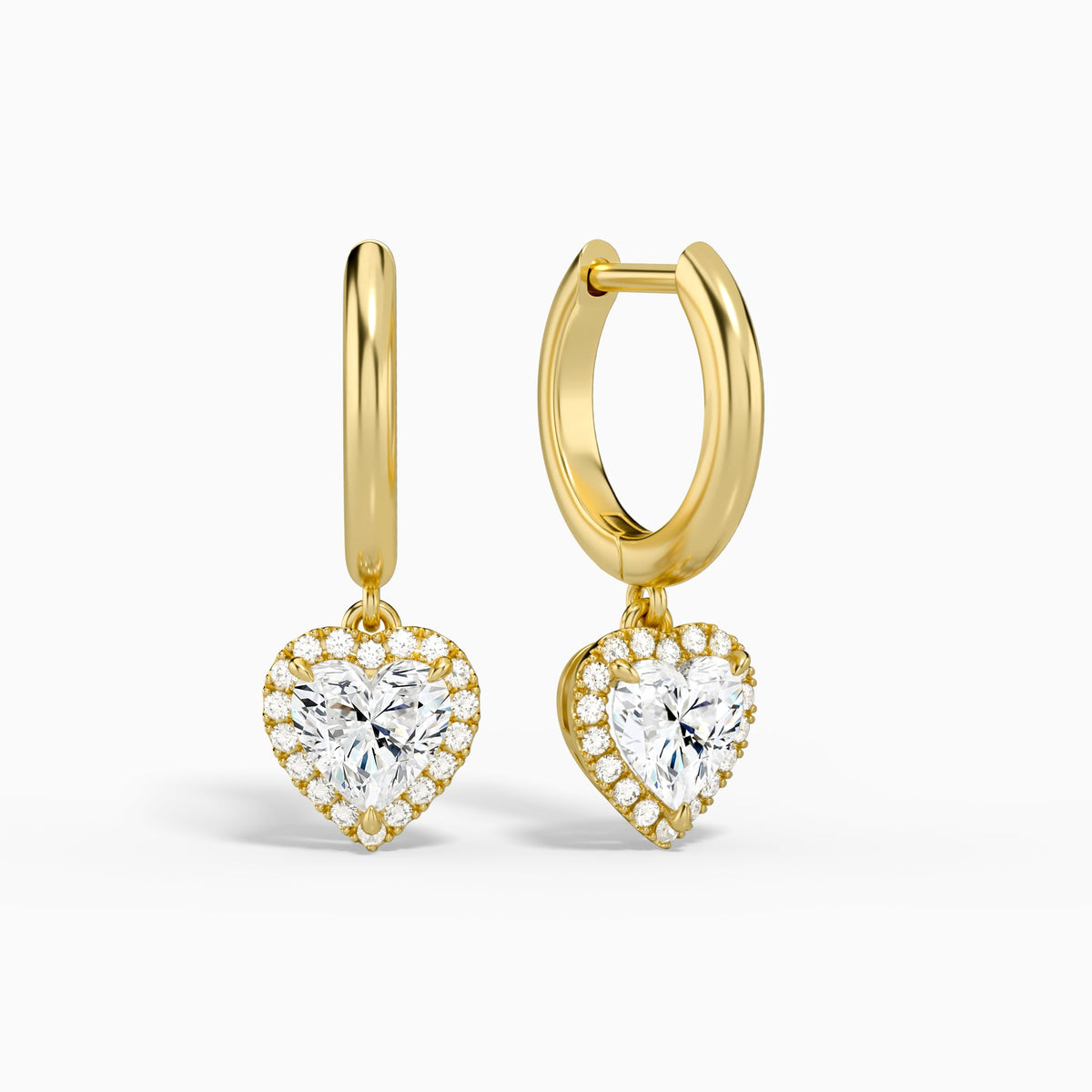 Heart Halo Drop Huggie Hoop Earrings in 18K Yellow Gold