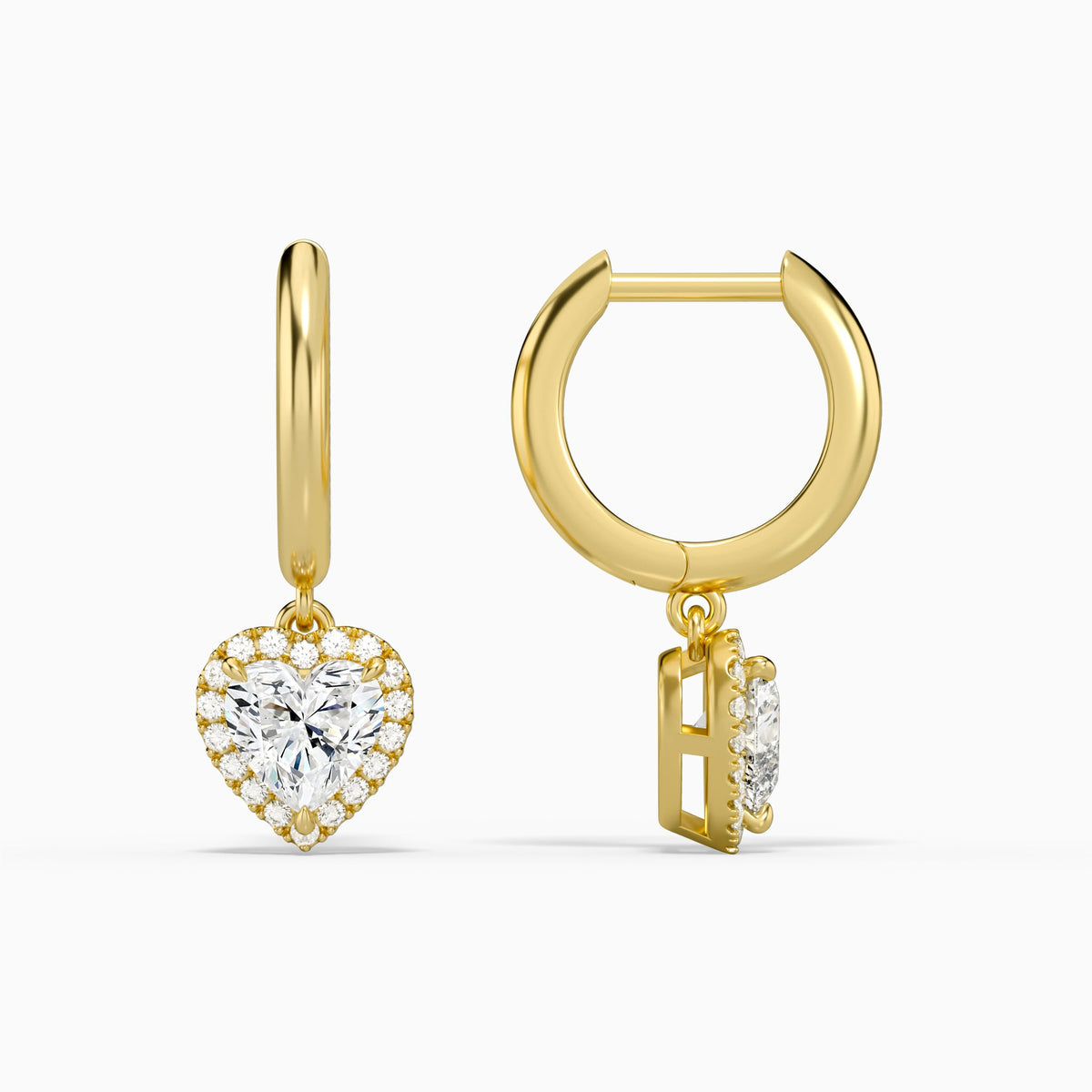 Heart Halo Drop Huggie Hoop Earrings in 18K Yellow Gold
