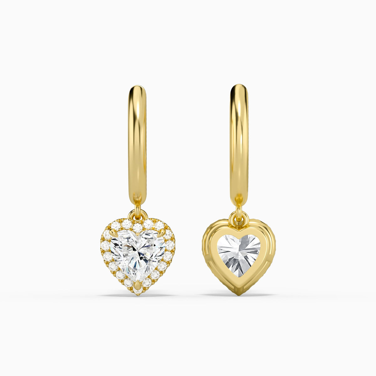 Heart Halo Drop Huggie Hoop Earrings in 18K Yellow Gold