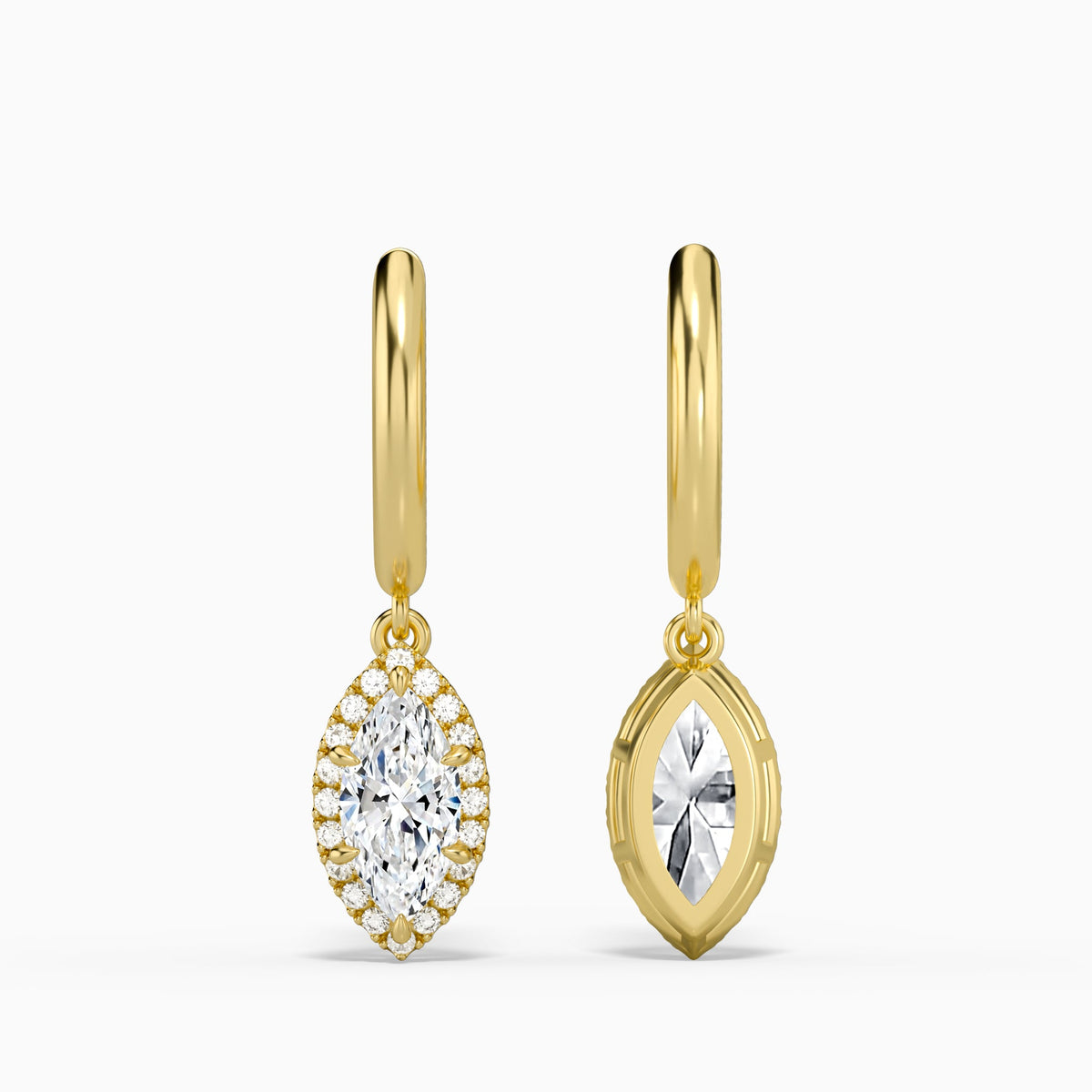Marquise Halo Drop Huggie Hoop Earrings in 14K Yellow Gold