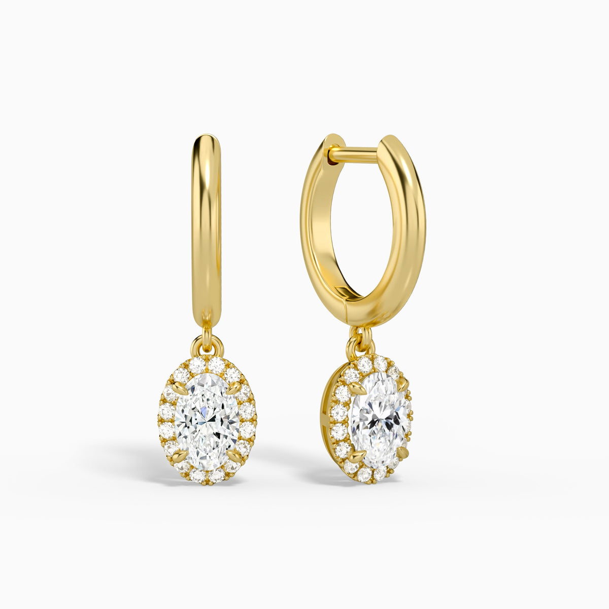 Oval Halo Drop Huggie Hoop Earrings in 18K Yellow Gold