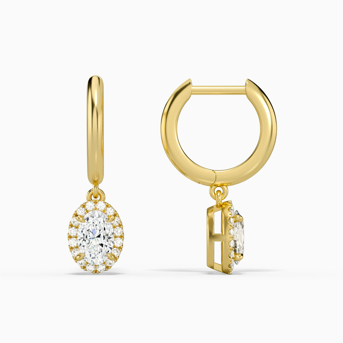 Oval Halo Drop Huggie Hoop Earrings in 14K Yellow Gold