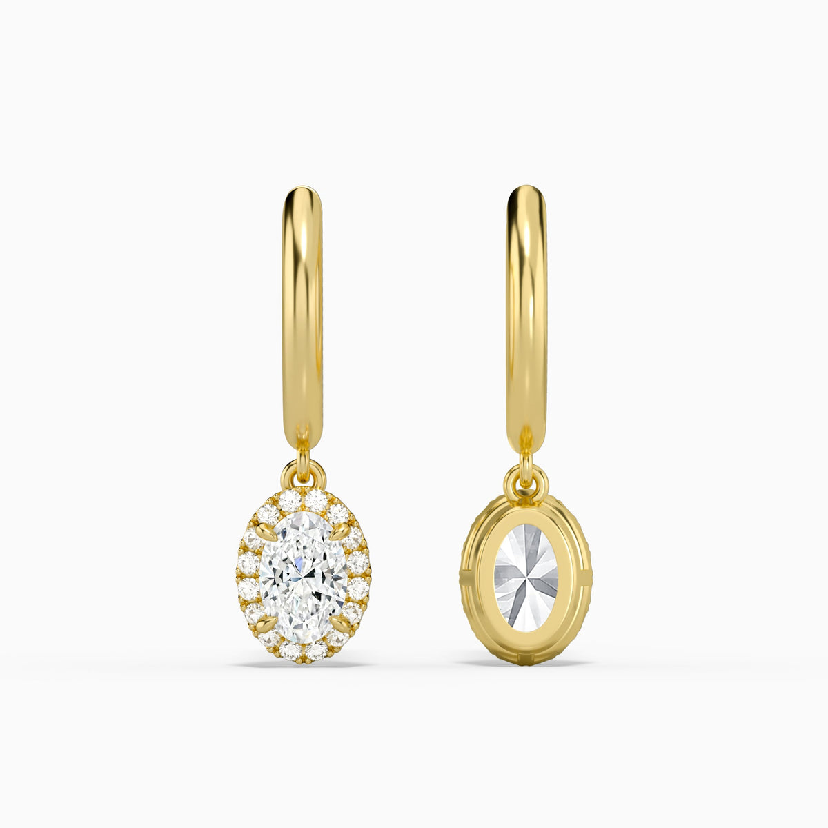 Oval Halo Drop Huggie Hoop Earrings in 18K Yellow Gold